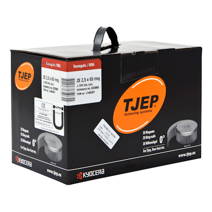 Svart kartong med handtag, etiketter och logotypen "TJEP" i orange cirkel. Innehåller teknisk text och varumärkesinformation.