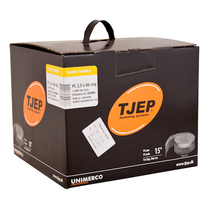 Kartong med text "TJEP fastening systems PC 2.5 x 66 ring".