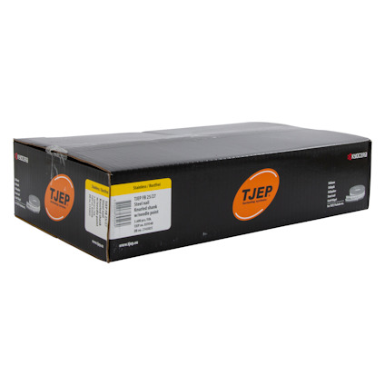 Rektangulär svart kartong med orange TJEP-logotyp och etikett "TJEP FS-32 Staybld skruv".