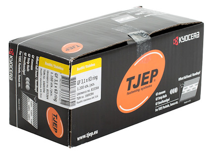 Förpackning med TJEP fästelement GF 3.1 x 63 ring, 1.200 st, batch nr. 934534.
