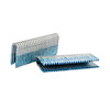 Staples in a staggered stack, with alternating silver and blue colors.