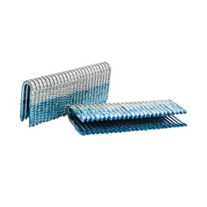Staples in a staggered stack, with alternating silver and blue colors.