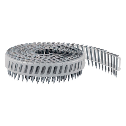 Spiral av grå stålnaglar fästade i en rund plastkassett med en grå plastremsa.