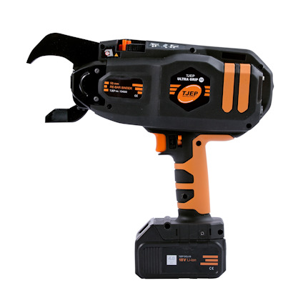 Elektrisk svart och orange najmaskin med handtag, märkt "TJEP ULTRA GRIP". Den har ett synligt batteripaket längst ner.
