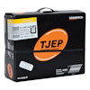 Kartong med texten "TJEP fastening systems" och produktinformation, inklusive streckkod och etikett med detaljer.