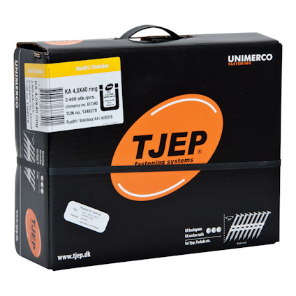 Kartong med texten "TJEP fastening systems" och produktinformation, inklusive streckkod och etikett med detaljer.