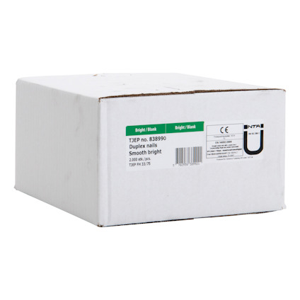 Vit kartong med etikett: "TDEP no. 838990 Duplex nails Smooth bright 2,000 pcs/25 TDEP H1375", CE-märkt, på sidan.