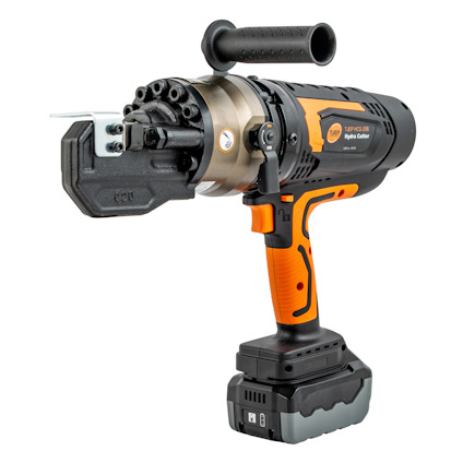 Hydraulisk bultsax med orange och svart handtag, batteridriven, med avtryckare och avtagbart metallhuvud.