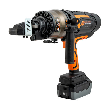 Hydraulisk skärare med svart och orange handtag samt laddningsbart batteri.