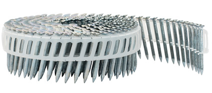 Spik på plastband i en rulle, med spiralformade spikar i stål.
