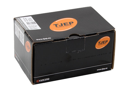 Kartong med logotypen TJEP i orange cirkel, samt texten www.tjep.eu och etikett med detaljer på sidan.