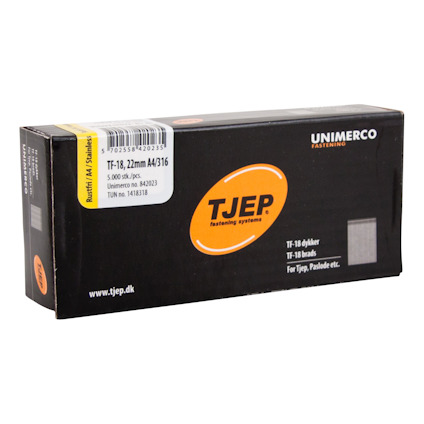 Förpackning med TJEP spik 22mm, TF-18, rostfritt stål A4/316, 5000 st, art.nr 148138, www.tjep.dk.