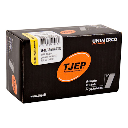 Svart förpackning med texten "TJEP fastening systems VF-16, 32mm A4/316". Streckkod och kontaktinformation synlig.