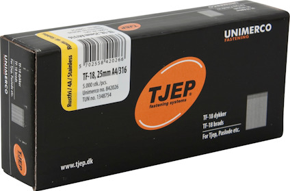 Svart förpackning med Tjep TF-18, 25mm A4/316 stiftspik, 5000 st. Streckkod och text: www.tjep.dk.