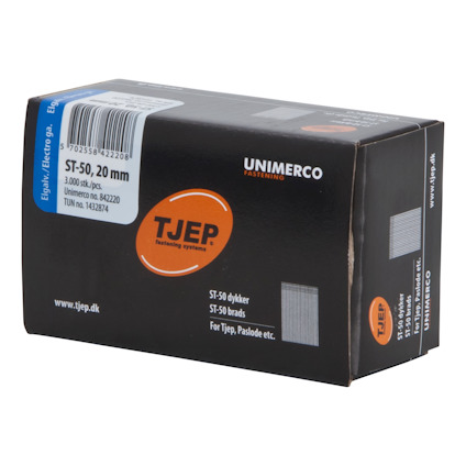 Kartong med etikett "TJEP ST-50, 20 mm, 3,000 stk./pcs." från Unimerco Fastening Systems.