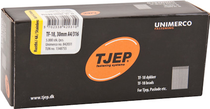 Förpackning med TJEP TF-18, 30mm A4 316 dyckert, 5000 st, Unimerco nr 820231, TUN nr 1348755.