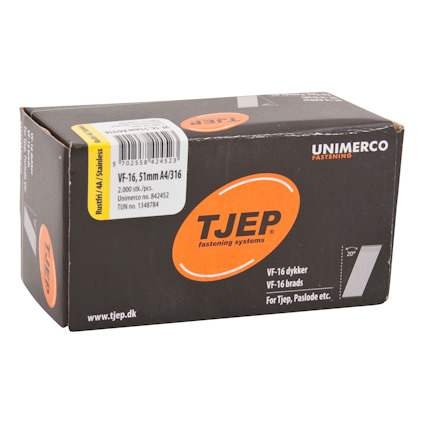 Låda märkt "TJEP VF-16, 51mm A4/316", innehållande 2000 brads.
