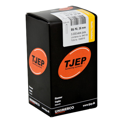 Förpackning med TJEP klammer, BE-90, 35 mm, 3000 st. Tillverkad av Unimerco. Webbadress: www.tjep.dk.