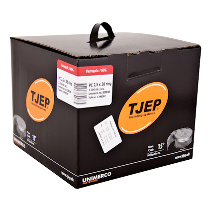 Svart låda med orange TJEP-logotyp och etiketter med texten "PC 2.5 x 38 ring" samt produktinformation.