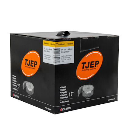 Förpackning med TJEP fästsystem 2,8x60mm ring/rulle, svart med orange logotyp och produktinformation på etikett.