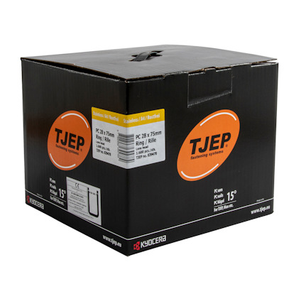 Förpackning med TJEP spiksystem, svart låda med orange logotyp och text om produktinformation.