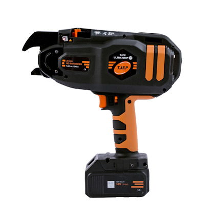 Najmaskin i svart och orange med texten "TJEP ULTRA GRIP". Utrustad med ett batteri märkt "Li-ion 14.4V".