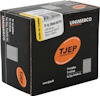 Svart låda med orange TJEP-logotyp. Märkt "TF-16, 50mm A3/316, 2.500 stk./pcs". Unimerco och www.tjep.dk nämns.
