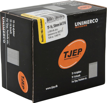 Svart låda med orange TJEP-logotyp. Märkt "TF-16, 50mm A3/316, 2.500 stk./pcs". Unimerco och www.tjep.dk nämns.