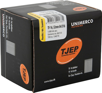 Förpackning med TJEP TF-16 rostfria dyckert, 32mm, 5000 st, artikelnummer 842313, TUN 1348770.