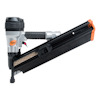 Spikpistol med grå och svart kropp, orange detaljer, lutande magasindesign.