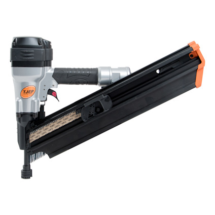 Spikpistol med grå och svart kropp, orange detaljer, lutande magasindesign.