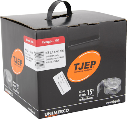 Kartong TJEP fästelement MX 2,1 x 40 ring, 2 400 st., varmgulv/HDG, för Tjep Max etc., svart med bärhandtag.