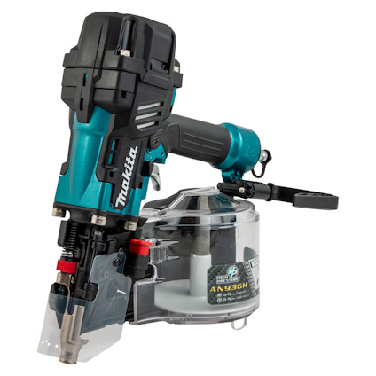 Elektrisk nagelpistol av märket Makita, modell AN936H, med blå och svart design och genomskinlig magasinbehållare.