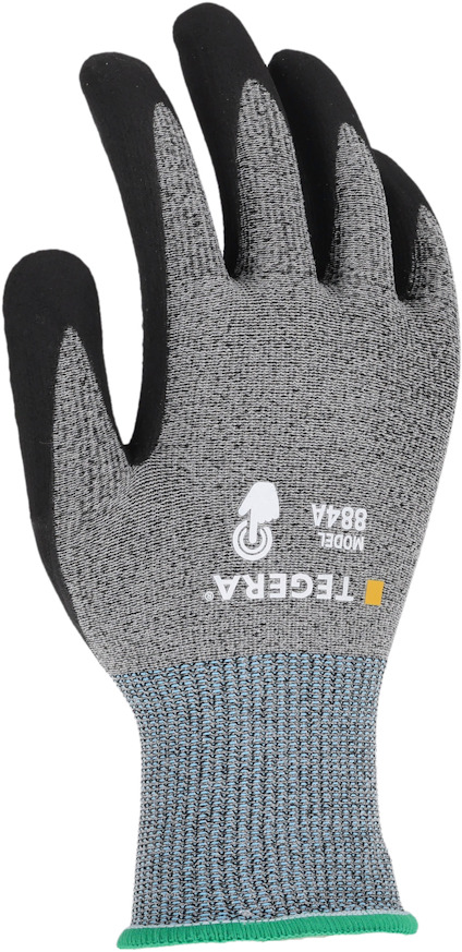 Arbetshandske i grått med svarta handflator, text "TEGERA MODEL 884" i vitt på ovansidan.