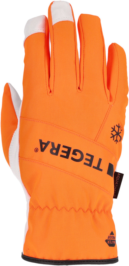 Orange handske med texten "TEGERA" och en snöflingesymbol på ovansidan.