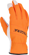 Orange handske med vit handflata och svart text "TEGERA" på ovansidan.