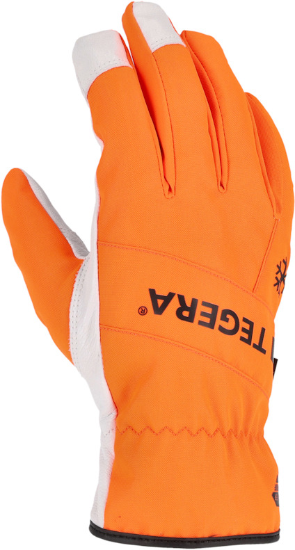 Orange handske med vit handflata och svart text "TEGERA" på ovansidan.