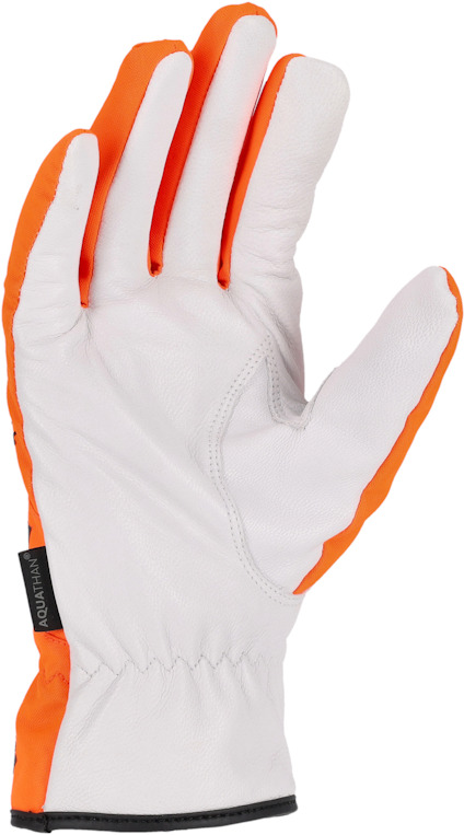 Vit handske med orange detaljer och svart kant på handleden.