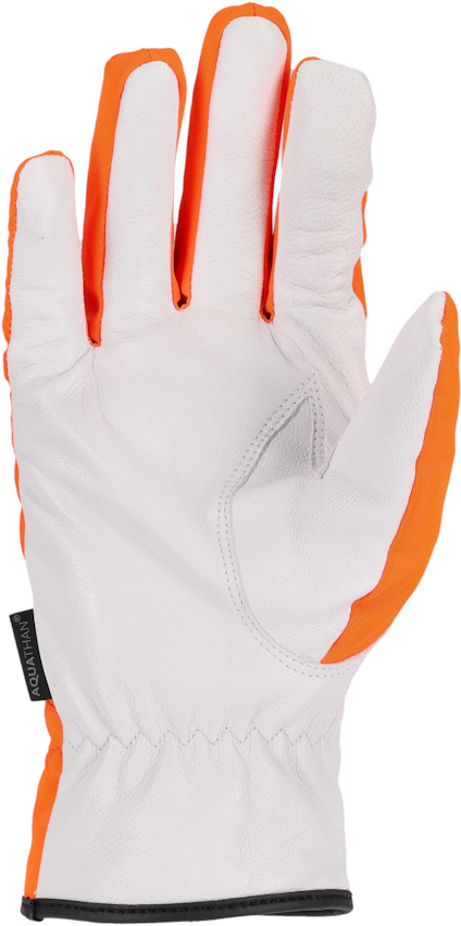 Vit och orange arbetshandske med elastisk mudd och förstärkt tumme.