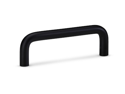 Svart lådhandtag i enkel och rundad design, sett från sidan mot en vit bakgrund.
