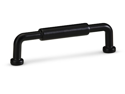 Svart lådhandtag med rundade ändar och ett cylindriskt grepp i mitten.