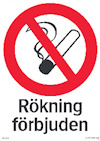 Skylt med en överkorsad cigarett-ikon och texten "Rökning förbjuden" i svart under.