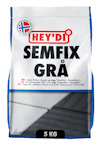 Förpackning av fästmassa från Hey'di med texten "SEMIFIX GRÅ 5 KG" och norska flaggan.