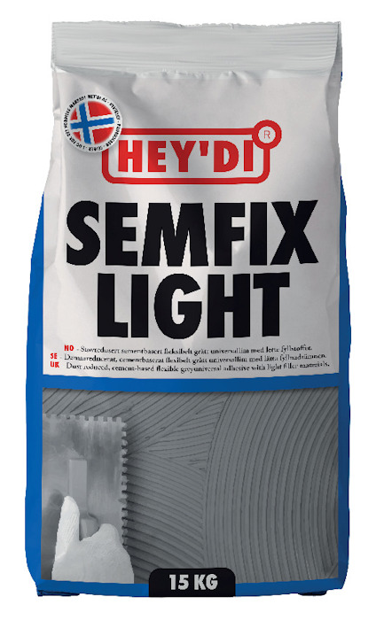 Förpackning av Hey'di Semfix Light 15 kg med text och bild på applicering av produkten.