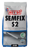 Förpackning av fästmassa Hey'di Semfix S2, 15 kg, med blå och vit design och text på framsidan.