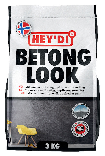 Förpackning med texten "Hey'Di Betong Look 3 KG" och norsk flagga i hörnet.