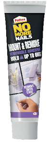 Tub med lim "Pattex No More Nails Mount & Remove", text på framsidan om att det är ett avtagbart lim som håller upp till 6 kg.