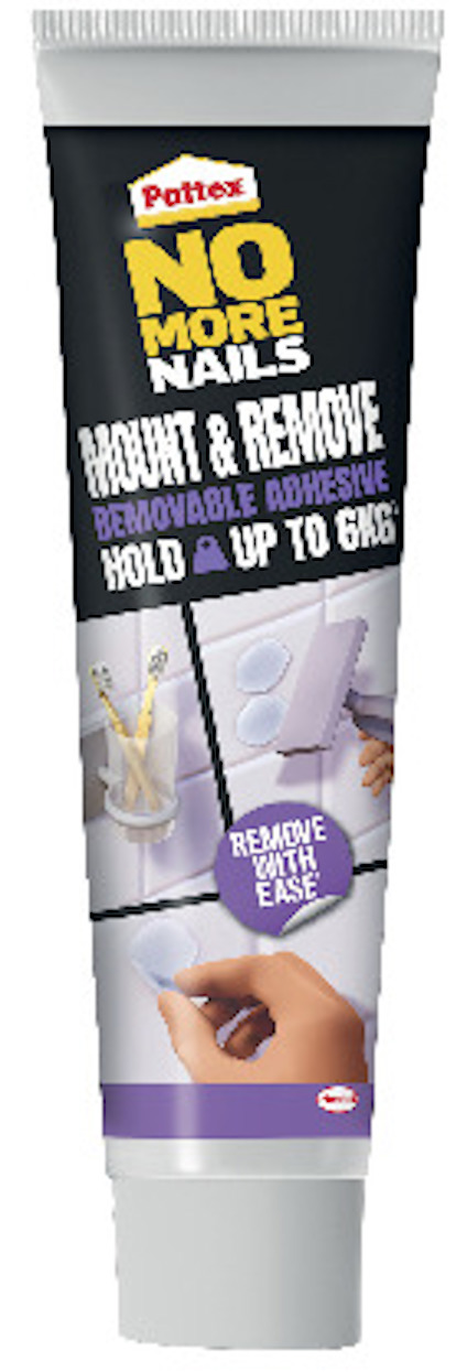 Tub med lim "Pattex No More Nails Mount & Remove", text på framsidan om att det är ett avtagbart lim som håller upp till 6 kg.