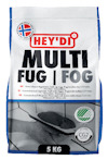 Förpackning med texten "HEY'DI MULTI FUG | FOG 5 KG". Illustrerad hand med verktyg.