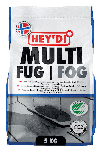 Förpackning med texten "HEY'DI MULTI FUG | FOG 5 KG". Illustrerad hand med verktyg.